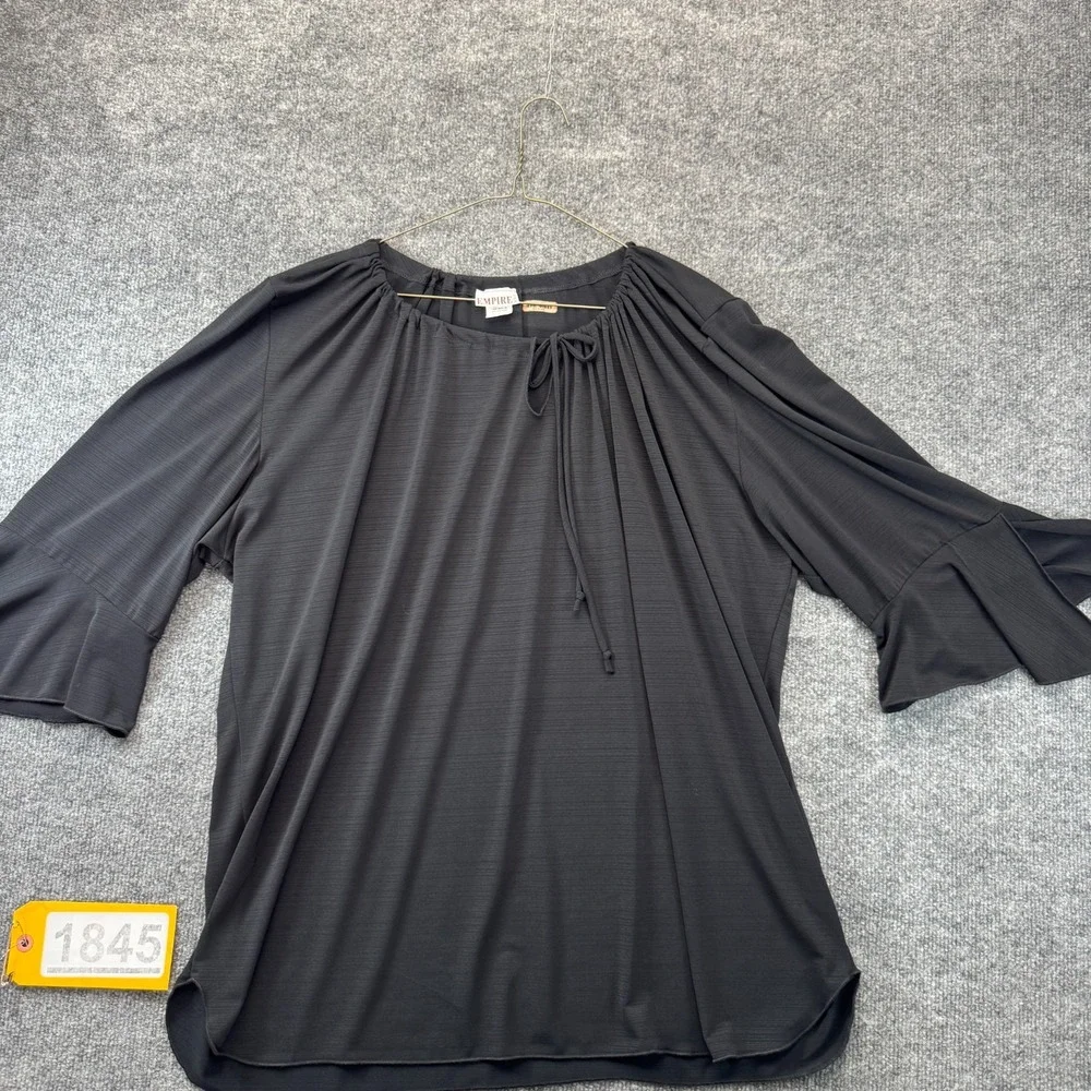 Empire Blouse Top Womens 3XL Black Pleated Stretch Ruffled Bell Sleeve Tie Neck